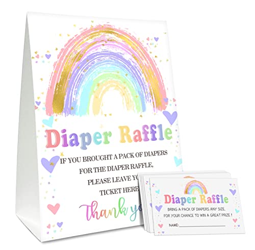 Nopoben Windel-Verlosung, Babyparty-Spiel, 1 stehendes Schild und 50 Tickets, Regenbogen-Thema, geschlechtsneutral für Jungen oder Mädchen, bringen Sie eine Packung Windeln für werdende Mütter mit von Nopoben
