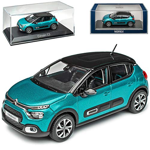 Citroen C3 Blau mit Dach in Schwarz 3. Generation Modell Ab 2017 Version Ab Facelift 2020 1/43 Norev Modell Auto mit individiuellem Wunschkennzeichen von Norev Citroen