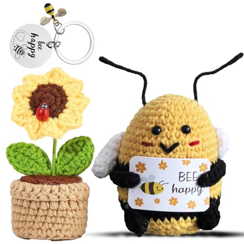 Norhogo 3 Stück Positive Geschenke, Bee Happy Glücksbringer, Niedliche Häkelbiene, schlüsselanhänger Biene, Pocket Hug Sonnenblumen kleine Geschenke, glücksbringer Geschenke für Freunde und Familie von Norhogo