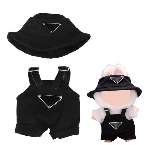 Norhogo Handgefertigte Häkel Miniatur Set, Modische Puppenkleidung, geeignet für Plüschpuppen aus Gummi für, 17cm Lbubu Plush Puppen DIY Kinder Geschenke, Schwarzes Suspender Pants Set mit Hut von Norhogo