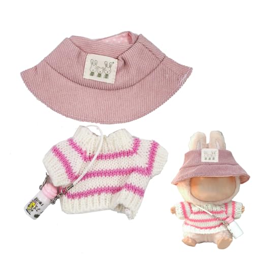 Norhogo Handgefertigte Häkel Miniatur Set, Modische Puppenkleidung, geeignet für Plüschpuppen aus Gummi für, 17cm la-bu-bu Plush Puppen DIY, Pinkfarbenes Pullover-Set mit Mütze und Wasserflasche von Norhogo