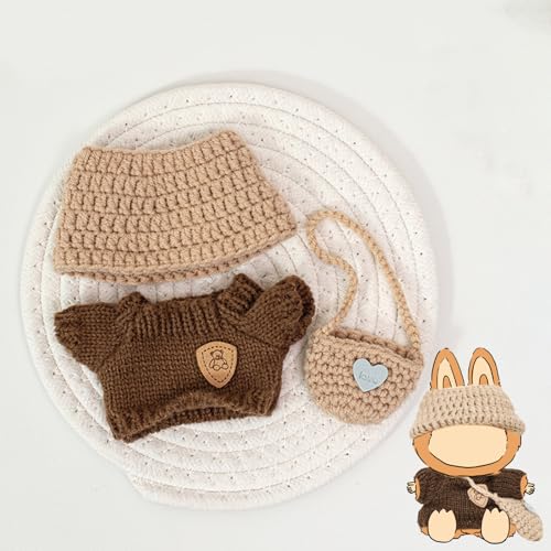 Norhogo Handgefertigte Häkel Miniatur Set, Modische Puppenkleidung für Plüschpuppen aus Gummi, für 17cm Lababu Plush Puppen DIY Kinder Geschenke, Braunes Pullover-Set mit Mütze und Tasche Norhogo Handgefertigte Häkel Miniatur Set, Modische Puppenkleidung für Plüschpuppen aus Gummi, für 17cm Lababu Plush Puppen DIY Kinder Geschenke, Braunes Pullover-Set mit Mütze und Tasche von Norhogo