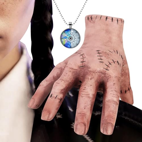 Norhogo Latex Händchen, Wednesday Family Hand, mit ein Buntes Spinnennetz Halskette, Realistic Scarred Latex Palm, Gruselrequisiten Dekorationen, für Kinder und Erwachsene, Geschenk für Fans von Norhogo