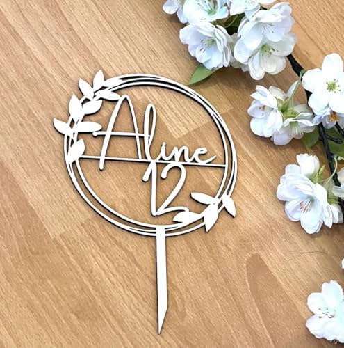 NoriKids Cake-Topper personalisiert & handgefertigt | Tortenstecker aus Holz | Tortendeko Geburtstag | Kranz mit Blättern, Name & Alter | individuelle Geburtstagsdeko | personalisierte Geschenke von NoriKids