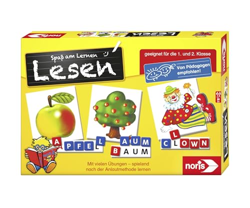 Noris 606076340 Spaß am Lesen, Kinder Lernspiel zum Lesenlernen, Wort, Bildlesekarten und Buchstabensteine für Kindergarten, 1 und 2 Schulstufe, 1-4 Spieler, ab 5 Jahren von Noris