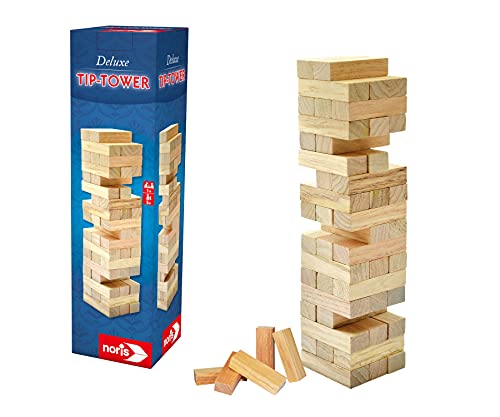 Noris 606101020 Deluxe Tip Tower (27,5 x 8 cm) aus Holz - spannender Wackelturm für Kinder ab 5 Jahren, Geschicklichkeitsspiel für die ganze Familie von Simba