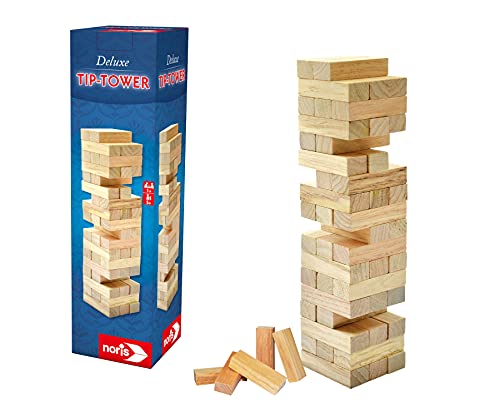 Noris 606101020 Deluxe Tip Tower (27,5 x 8 cm) aus Holz - spannender Wackelturm für Kinder ab 5 Jahren, Geschicklichkeitsspiel für die ganze Familie von Noris