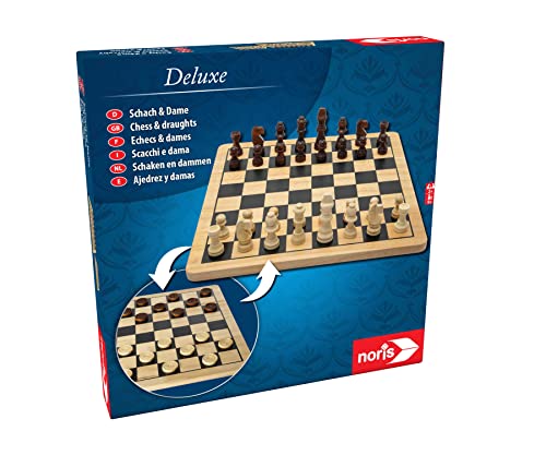 Noris 606104577 Deluxe Schach & Dame, Der Spiele Klassiker in hochwertiger Holzausführung mit Holz Figuren und Brett, ab 6 Jahren von Noris