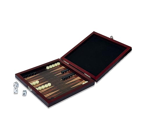Noris 606108004 Reisespiel Backgammon - ab 8 Jahren – mit magnetischen Spielfiguren in einer Holz Box, 16 x 16 cm von Noris