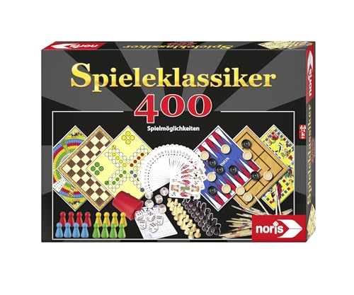 Noris 606111688 Spieleklassiker mit 400 Spielmöglichkeiten wie Yatzy, Mikado, Mühle, Dame, Backgammon oder Nur keine Aufregung, für 1 bis 6 Spieler ab 6 Jahren von Noris