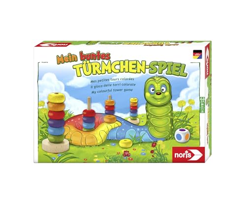 Noris 606011235 Mein buntes Türmchen-Spiel – Farblernspiel mit großer Raupe und Stapelsteinen, Holzspielzeug, 2 – 4 Spieler, für Kinder ab 3 Jahren von Noris