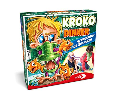Noris 606011756 - Kroko Dinner - Das Party- und Geschicklichkeitsspiel mit 3 Krokodil Masken mit verstellbarem Gummiband, ab 4 Jahren von Noris