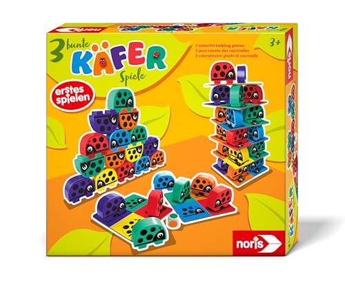 Noris 606012047 - 3 bunte Käfer-Spiele (Kinderspiel ab 3 Jahre) - 36 witzige Käfer Bausteine mit 3 Spiel-Ideen zum Stapeln, Bauen & Farben-Zuordnen, Spielzeug für Kinder von noris