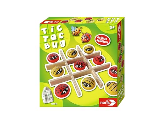 Noris 606012102 - Tic Tac Bug Spiel (Kinderspiel ab 3 Jahre) - Spiele-Klassiker Tic Tac Toe mit niedlichen Tieren aus Holz inkl. Beutel zum Mitnehmen, 2 Spieler, Spielzeug für Kleinkinder & Kinder von Noris