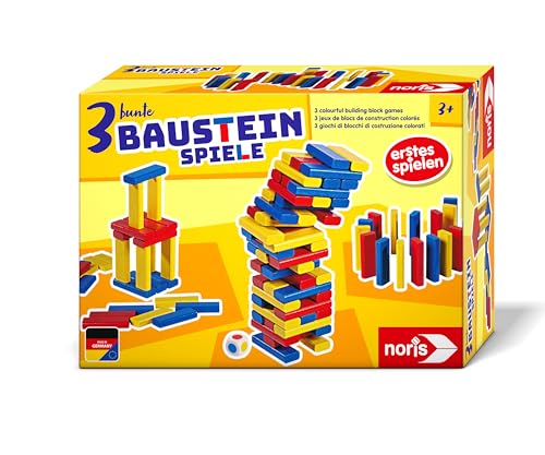 Noris 606012165-3 Bunte Baustein-Spiele (Bauklötze ab 3 Jahre) - 54 Holz-Bausteine mit 3 Spiel-Ideen (Wackelturm, Häuser Bauen & Domino-Schlange), Spielzeug für Kinder von Noris