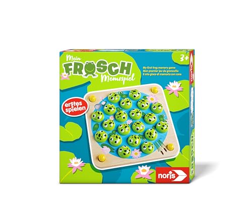 Noris 606012168 - Mein Frosch Memo-Spiel (Kinderspiel ab 3 Jahre) - Gedächtnisspiel mit Spielbrett & Fröschen aus Holz und 10 Motiv-Karten, Spielzeug für Kleinkinder & Kinder von Noris