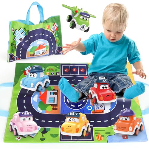 Auto Spielzeug ab 3 Jahre Junge Mädchen, Auto Kinder Spielzeug, 6 Stück Rückziehauto Spielzeug, Mini Reibungsantrieb Spielzeugauto mit Spielmatte Aufwahrungstasche, Auto Spielzeug Geschenk für Kinder von Norkbeng