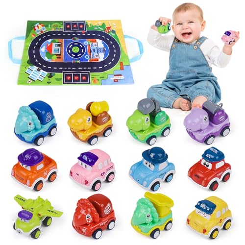 Norkbeng Auto Spielzeug 1 Jahr, 12 Stück Mini Aufziehauto spielzeugauto mit Spielmatte ab 2 3 Jahre Baby, Montessori Spielzeug Lernspielzeug ab 12-18 Monate Kinder, Geschenke für Jungen Mädchen von Norkbeng