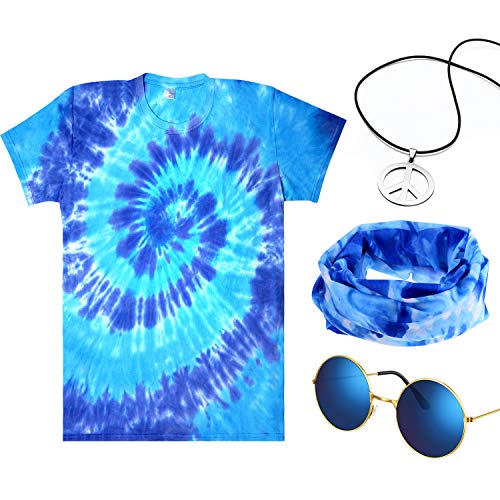 4-teiliges Hippie-Kostüm-Set, bestehend aus bunten T-Shirt, Peace-Zeichen, Halskette, Stirnband und Sonnenbrille für Mottopartys - Blau - X-Groß 4-teiliges Hippie-Kostüm-Set, bestehend aus bunten T-Shirt, Peace-Zeichen, Halskette, Stirnband und Sonnenbrille für Mottopartys - Blau - X-Groß von Norme