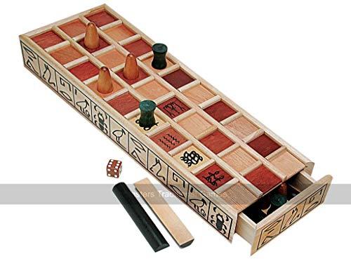 Ancient Egyptian Senet Game - Wooden Board with Red Squares, Wooden Pieces and Binary Dice von Wood Expressions