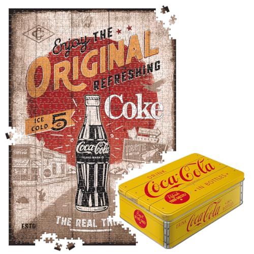 Nostalgic-Art Retro Puzzle 1000 Teile, 68 x 48 cm, Coca-Cola – Highway 66 Logo – Geschenk-Idee für Coke-Fans, Original Lizenzprodukt (OLP), für Erwachsene, in Vintage-Metalldose als Geschenkverpackung von Nostalgic-Art