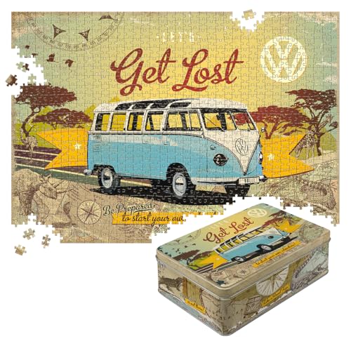 Nostalgic-Art Retro Puzzle 1000 Teile, 68 x 48 cm, VW Bulli – Let's Get Lost – Volkswagen Bus Geschenk-Idee, Original Lizenzprodukt (OLP), für Erwachsene, in Vintage-Metalldose als Geschenkverpackung von Nostalgic-Art