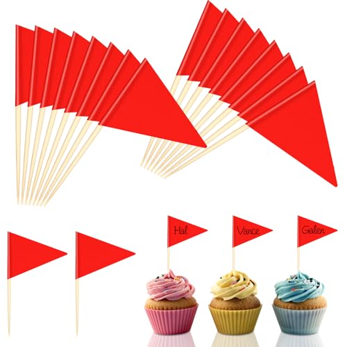 100 Stück Leere Zahnstocher Flaggen, Rot Cupcake Topper Flaggen, Mini Triangle Flaggenpicker, mit beschreibbarer Oberfläche, Zahnstocher Papierfähnchen, für Party Kuchen Buffet Käseplatte Cocktail Vor von Notoke