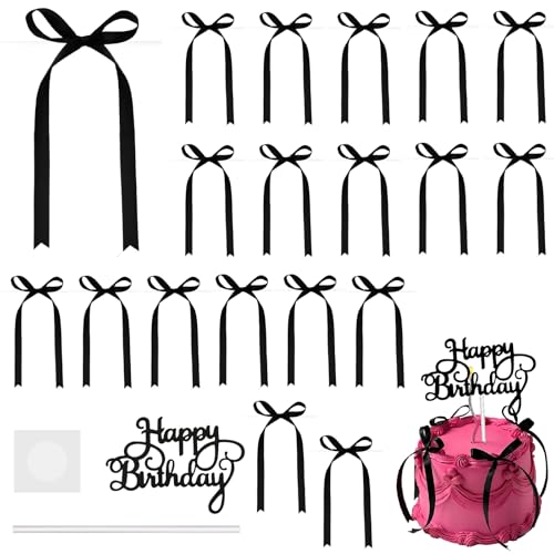 20 Stück Schwarze Schleifen Tortendeko, 2 Acryl Cake Topper mit Happy Birthday Schrift, Kuchendeko für Geburtstagstorte, Hochzeitstorte, Cupcakes, Brautparty und Babyparty von Notoke