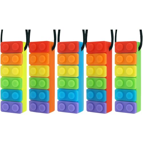 Novelfun Sensory Chew Halskette, 5 Stück Regenbogenfarben Silikon Kauanhänger Training Spielzeug Kauen Halskette für das Zahnen von Babys, Autismus ADHS SPD, Oral Motor, Angst Kinder von Novelfun