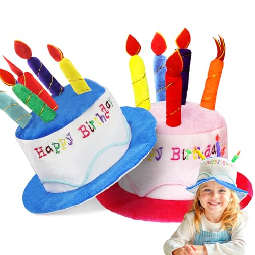 Novelty Place Plüsch Happy Birthday Cake Hat (2 Stück, Blau & Pink) – Unisex Erwachsene Größe Kostüm Partyhüte – Perfekt als Party Favors, Kostümzubehör – Kuchen & 5 mehrfarbige Kerzen von Novelty Place
