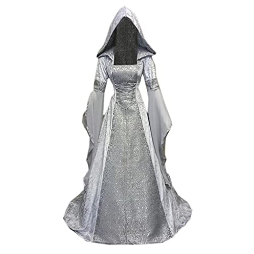 Nsercvb Halloween Kostüm Damen, Gothic Kleidung Übergröße Schnürkleid mit Kapuze Vintage Mittelalter Kleid Trompetenärmel Maxikleider Renaissance Party Cosplay Karneval, 3XL von Nsercvb