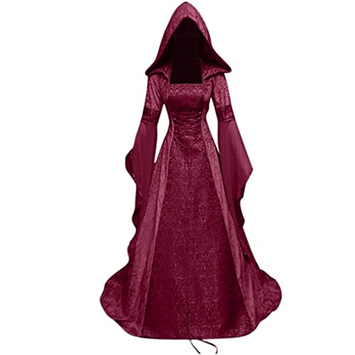 Nsercvb Halloween Kostüm Damen, Gothic Kleidung Übergröße Schnürkleid mit Kapuze Vintage Mittelalter Kleid Trompetenärmel Maxikleider Renaissance Party Cosplay Karneval, Rot, 5XL von Nsercvb