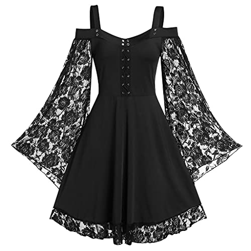 Nsercvb Halloween Kostüm Damen, Gothic Schulterfrei Spitzenkleid Mittelalter Punk Karneval Kleidung Cosplay Steampunk Minikleid Party Weihnachten Renaissance Kleid, Schwarz, 5XL von Nsercvb