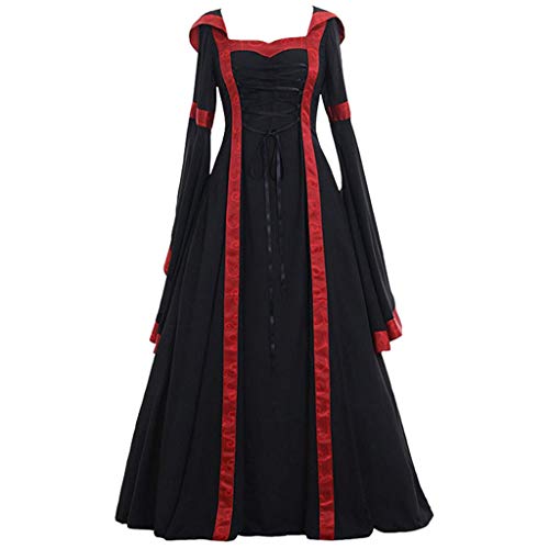 Nsercvb Halloween Kostüm,Gothic Kleidung Damen Übergröße Schnürkleid mit Kapuze Mittelalter Kleid Trompetenärmel Maxikleider Renaissance Festlich Cosplay Karneval Halloween Kostüm, X02-schwarz, 4XL von Nsercvb