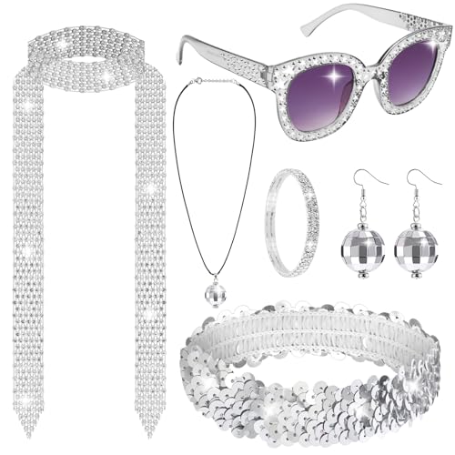 Nswayy 6 Stück Discokugel Spiegelkugel Schmuck Set Ohrringe Halskette Armband Strass Sonnenbrille Haarband Disco Accessoires für Party Karneval 70er 80er Jahre Kostüm Zubehör für Damen Herren Nswayy 6 Stück Discokugel Spiegelkugel Schmuck Set Ohrringe Halskette Armband Strass Sonnenbrille Haarband Disco Accessoires für Party Karneval 70er 80er Jahre Kostüm Zubehör für Damen Herren von Nswayy