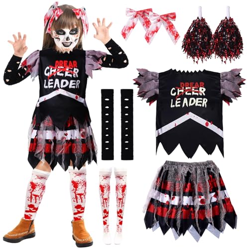 Cheerleader Kostüm Kinder Halloween, Zombie Cheerleader Kostüm Mädchen, mit Strümpfen + Pompons + Haarzubehör + Ärmel, Horror Cheerleaders Kostüms, Halloweens Kostüms Cheerleaders, für Cosplay (130) von Ntwdby