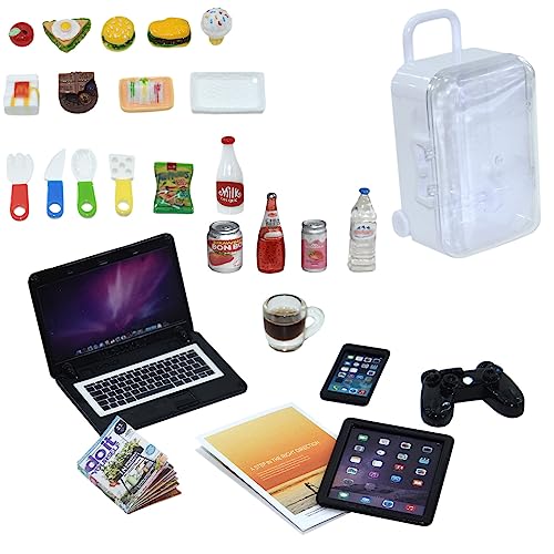 27 Stück Puppenhaus Mini Laptop Tablet und Smartphone Zeitungsbuch Miniaturen Hamburger Kuchen Kaffee Saft Trolley Fall DIY Spielen Spiel Party Spielzeug Zubehör (schwarzes Set) von Nuanmu