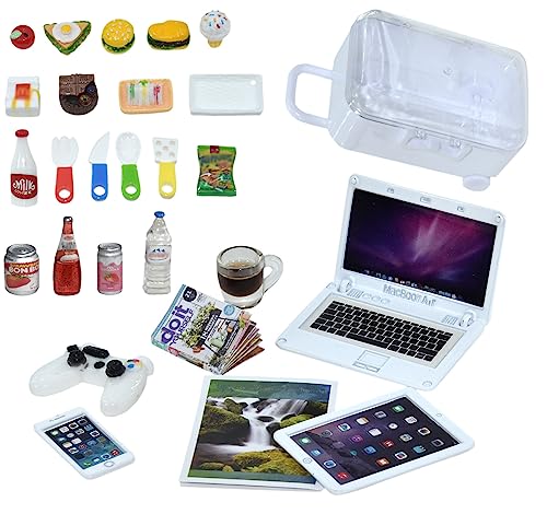 27 Stück Puppenhaus Mini Laptop Tablet und Smartphone Zeitungsbuch Miniaturen Hamburger Kuchen Kaffee Saft Trolley Fall DIY Spielen Spiel Party Spielzeug Zubehör (weißes Set) von Nuanmu