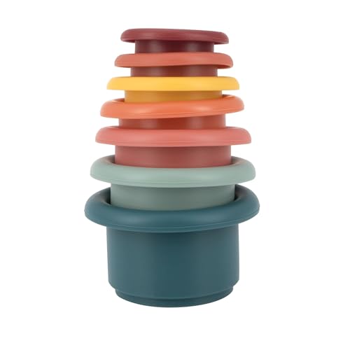 Nuby Stapelbare weiche Silikon-Becher, interaktives Spielzeug, fördert die Koordination, sieben Stück (Farben können variieren) von Nuby