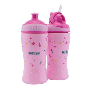 Nûby Trinkhalmflasche und Trinkflasche mit Pop-Up Verschluss 360ml Kombipack ab 18 Monate, pink von Nûby