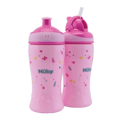 Nûby Trinkhalmflasche und Trinkflasche mit Pop-Up Verschluss 360ml Kombipack ab 18 Monate, pink von Nuby