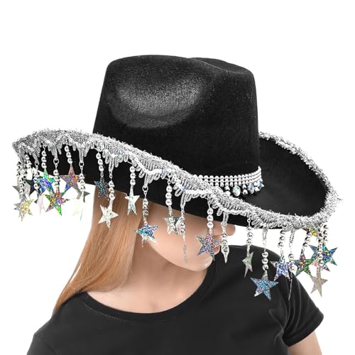 Nudorpn Cowboyhüte für Party, Cowboyhüte für Frauen Western - Glitzernde Cowgirl Hat Party Kostüme - Glitzernde Kopfbedeckung mit fünffachen Star Quasten für Frauen Maskerade-Event von Nudorpn