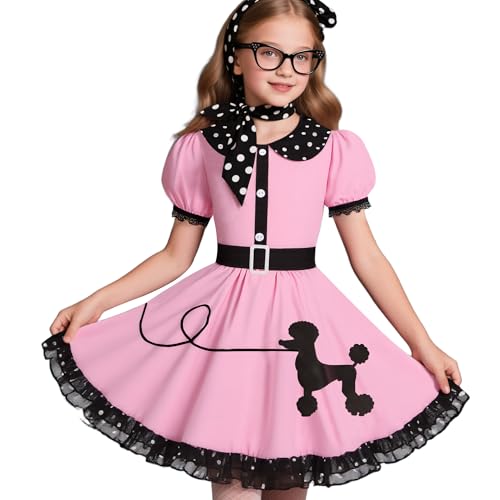 Nuehoryu 50er-Jahre-Kostüme für Mädchen, 50er-Jahre-Pudel-Kleid mit gepunktetem Schal für Kinder, Halloween-Kostüm (10–12 Jahre) von Nuehoryu
