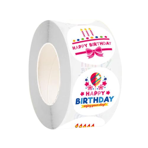 Nuelreva Aufkleber Roll, 1, 5 runde wasserdichte Geburtstagsaufkleber -Etiketten, 500pcs Selbstklebstoff Happy Labels für Babyparty -Heimschule Klassenzimmer Geschenke Partyzubehör von Nuelreva