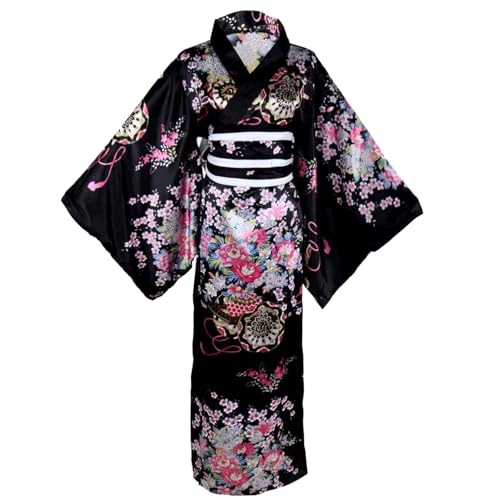 Nuelreva Yukata für Frauen Blumenmuster Japanisch Kimono Silky komfortable hautfreundliche mit Kimono-Gürtel Kyoto Traditionelle Blütenroben für Party, Cosplay, Requisiten (schwarz) von Nuelreva