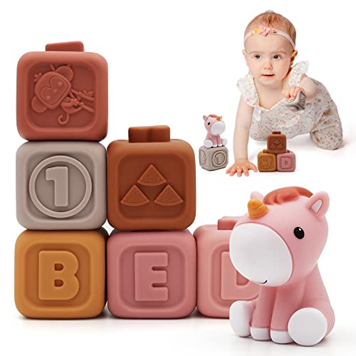 Nuepaly 7 Pcs Squeeze Zahnen Spielzeug, Baby weiche Bausteine mit Pferd Figur, sensorische Stapelspielzeug, Dusche Geschenke für 6 12 18 Monate Baby Kleinkind Jungen Mädchen von Nueplay