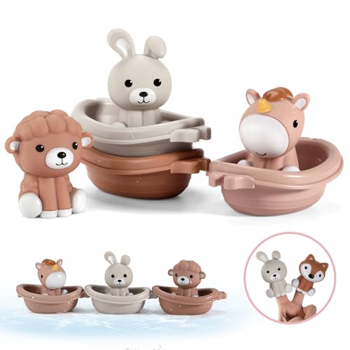 Nueplay Badewanne Spielzeug für Kleinkinder 18M+,Baby Bad Spielzeug mit Tier Finger Puppets, Stapelbare Boot Zug, Geschenk für Baby Kleinkinder Set von 6 von Nueplay