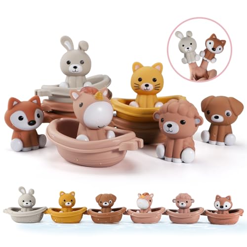 Nueplay Badewanne Spielzeug für Kleinkinder 18M+,Baby Bad Spielzeug mit Tier Finger Puppets, Stapelbare Boot Zug ,Geschenk für Baby Kleinkinder Set von 12 von Nueplay