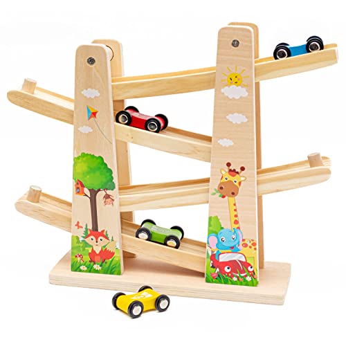 Kugelbahn Autos Holz Car Rampe Auto Rennbahn Holz Spielzeug mit 4 Autos Holz Zick-Zack-Autorutsche Kinderspielzeug Junge Mädchen Geschenke ab 3 Jahre von Nukdey