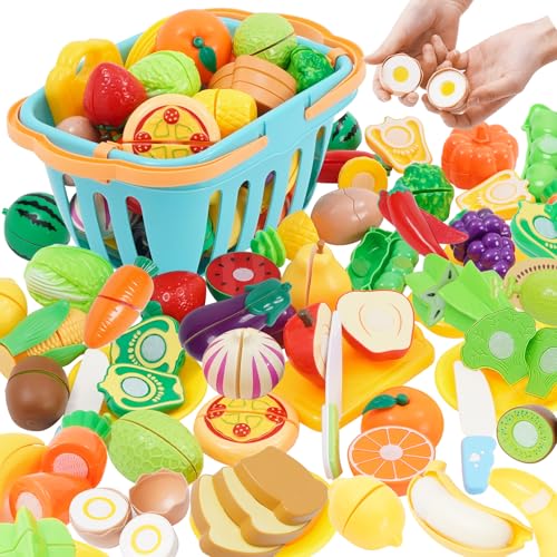 Kinderküche Spielküche Zubehör, 75 Stück Lebensmittel Kinderküche mit Klett-Verbindung, Obst und Gemüse Spielzeug zum Schneiden, Kaufladenzubehör Lernspielzeug Geschenk für Mädchen Junge ab 3 Jahre Kinderküche Spielküche Zubehör, 75 Stück Lebensmittel Kinderküche mit Klett-Verbindung, Obst und Gemüse Spielzeug zum Schneiden, Kaufladenzubehör Lernspielzeug Geschenk für Mädchen Junge ab 3 Jahre von Nukdey